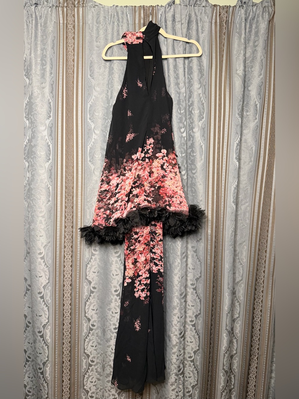 Elliatt Black Gown with Pink Floral Print and Feather Trim - Picture 6 of 7